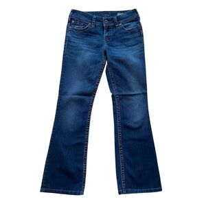 Silver jeans Suki Surplus boot cut dark blue embroidered back pockets mid low 28